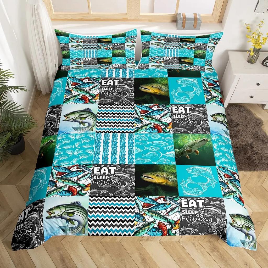 Pike Fish Bedding Striped Bass Big Pattern Hunting and Fishing Themed Duvet Cover for Kids Boys BedRoom Decorations for Teens