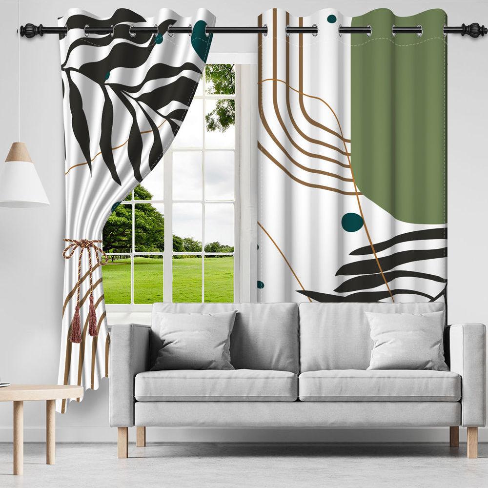 2pcs Nordic Style Blackout Curtains Green Leaves Moon Window Curtains Sun Simple Minimalism Nordic Lines Home Interior Curtains