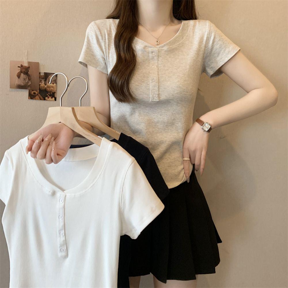 Korean Minimalist Short Sleeve Button T-Shirt for Women - 2025 Chic Slim Fit Design