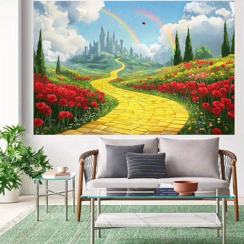 1 Piece of Magical Castle Fairy Tale Background Cloth - Red Poppies Yellow Pebble Paths and Rainbow Castle Scenes