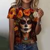 Girls' short sleeve women's T-shirt, casual sexy summer Day of the Dead skeleton pattern loose top.