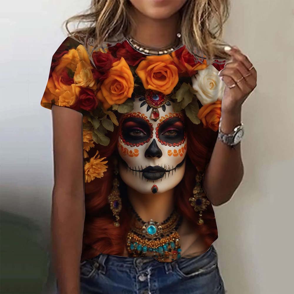 Girls' short sleeve women's T-shirt, casual sexy summer Day of the Dead skeleton pattern loose top.