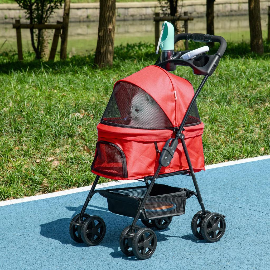 Dog Buggy, Foldable, Mesh Window, Removable Roof, Cup Holder, Bottom Basket, Metal Frame, Red, 67 X 45 X 96 Cm