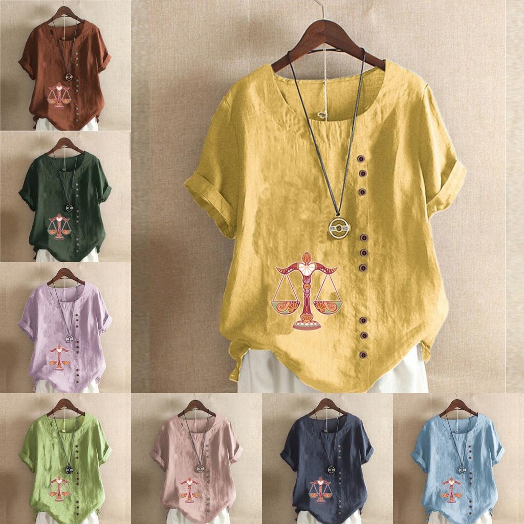Women's Fashion Balance Prined Round Neck Short Sleeve T-shirt Casual Cotton Linen Graphic Shirt Leisure Loose Summer Blouse Tops