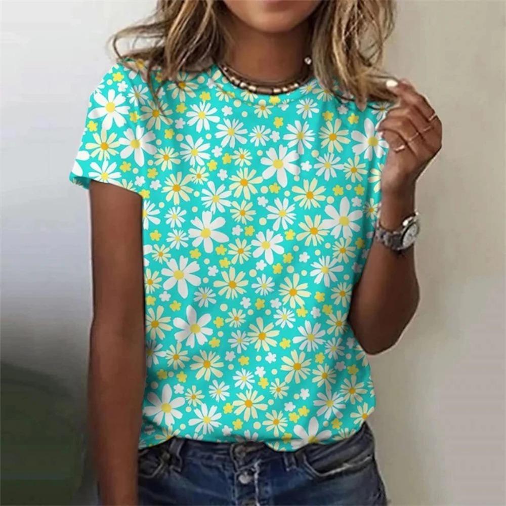 Fashion 3D printed flower T-shirt for women summer round neck short sleeved shirt
