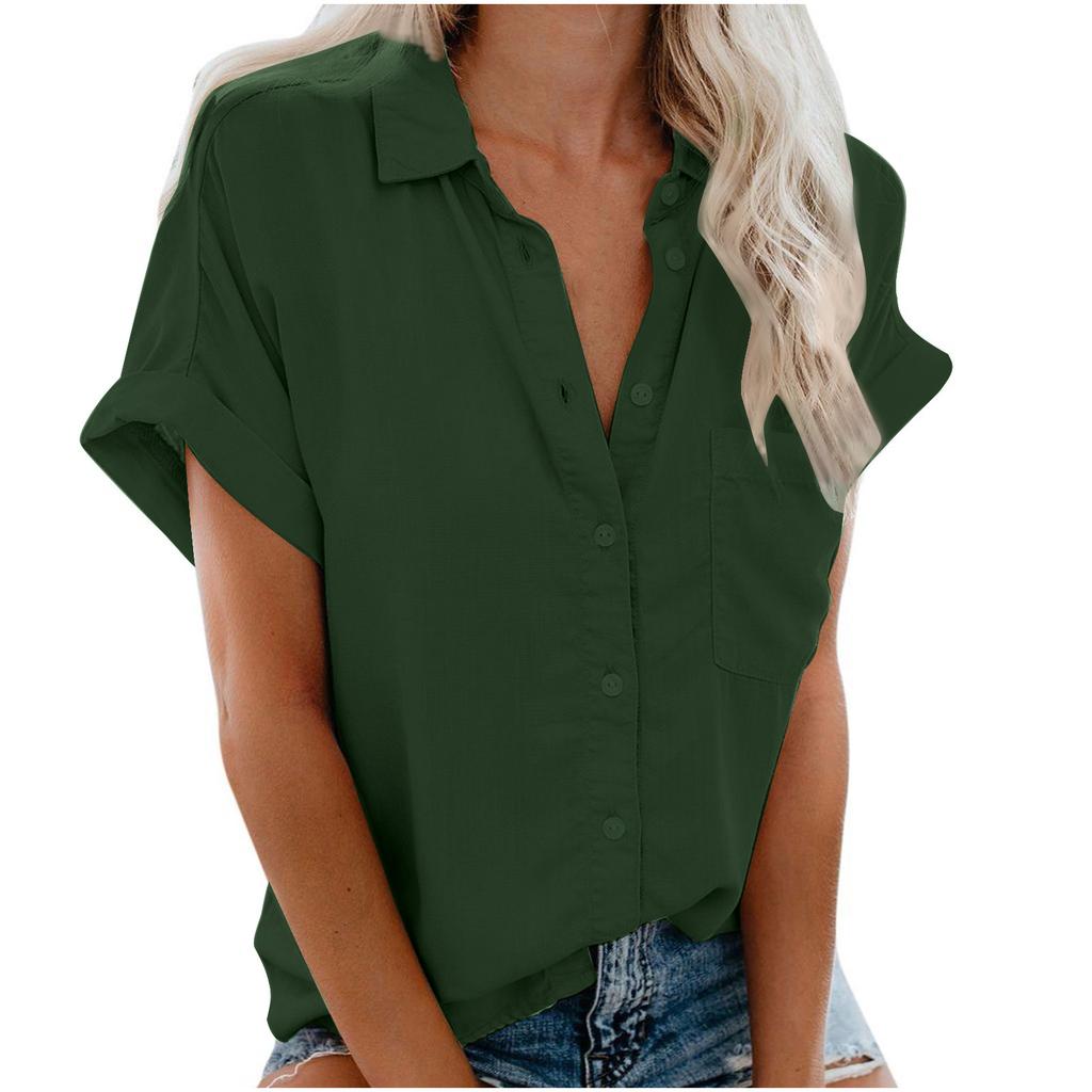 Women's Point Collar Short Sleeve Button Down Shirt Straight Fit Casual Summer Blouse