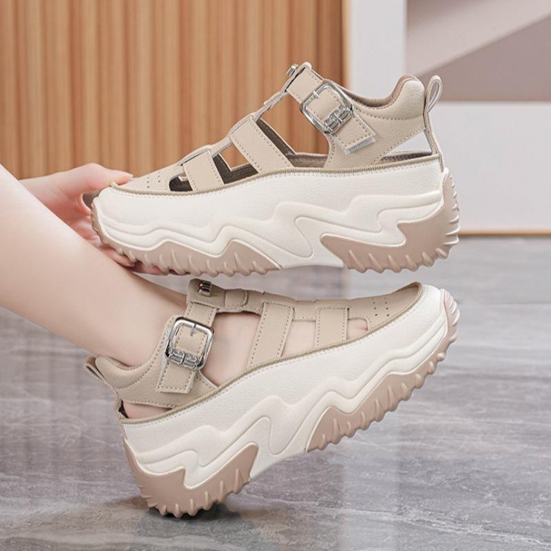 Sandale de vară pentru femei din piele PU 2026 Noi Platformă Hollow Pană Pantofi Casual Exterior Respirabili Înălțare 4CM Adidași De Mujer