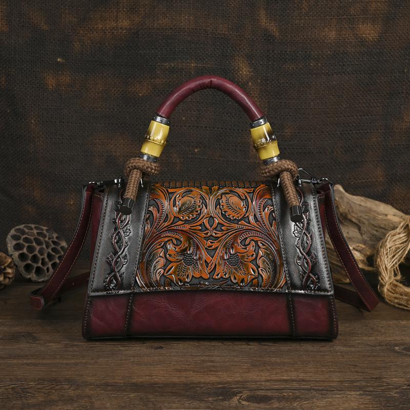 Johnature Chinese Style Embossed Leather Bag Vintage Large Capacity Women's Handbag Versatile Shoulder Bags