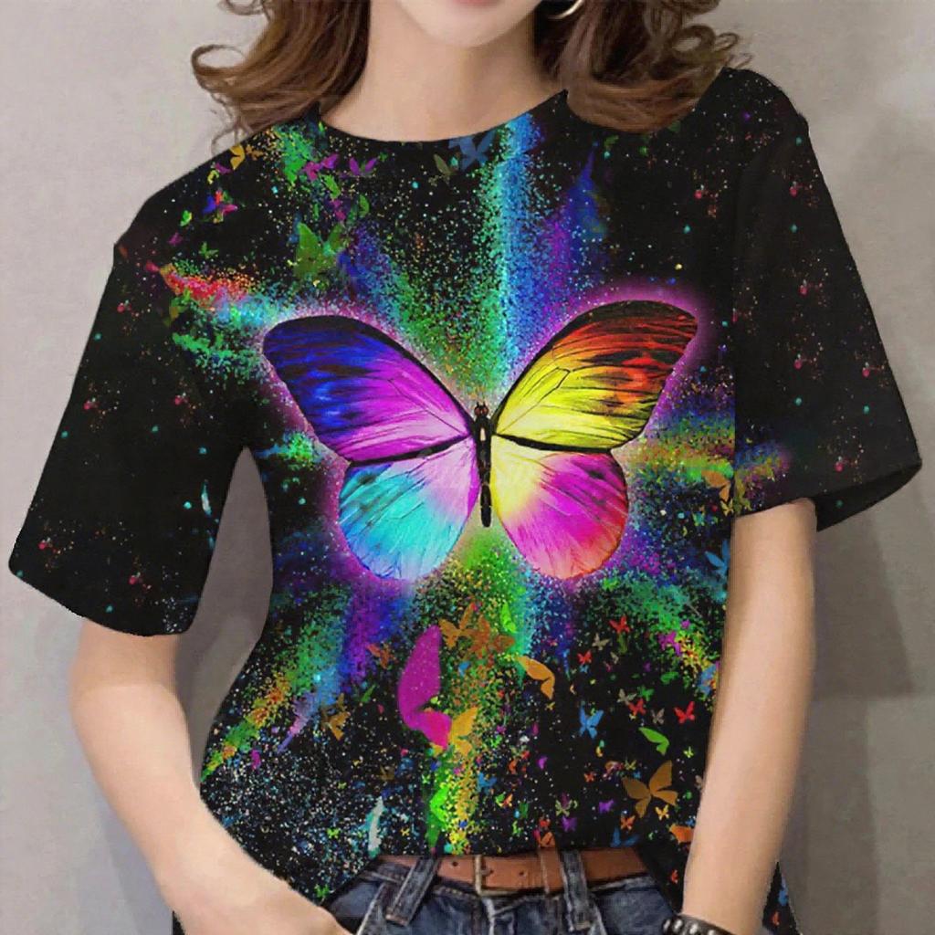 Summer Round Neck Butterfly Pattern 3D Print Top Fashionable Casual Short Sleeved Women's T-shirts