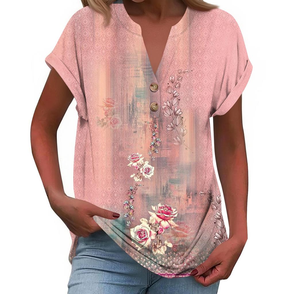 Women's Fashionable Casual Loose-Fit Short-Sleeved Button-Up V-Neck Printed T-Shirt Top