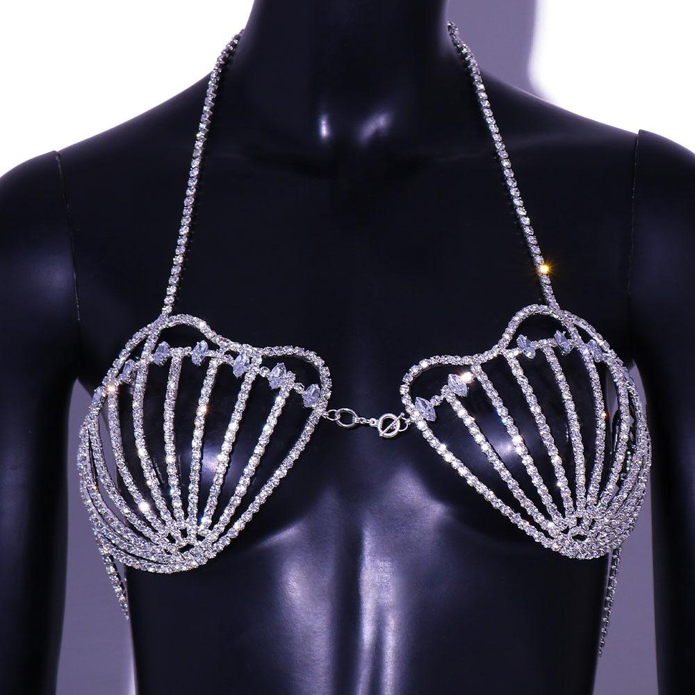 Full Shell Bra Top Wrapped Chest Hot Rhinestone Body Crystal Chain Shiny Women Sexy Lingerie With Diamond