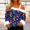 Women's Casual Fashion Sexy Off-Shoulder Collar Christmas Pattern Long Sleeve Crewneck T-Shirt Top