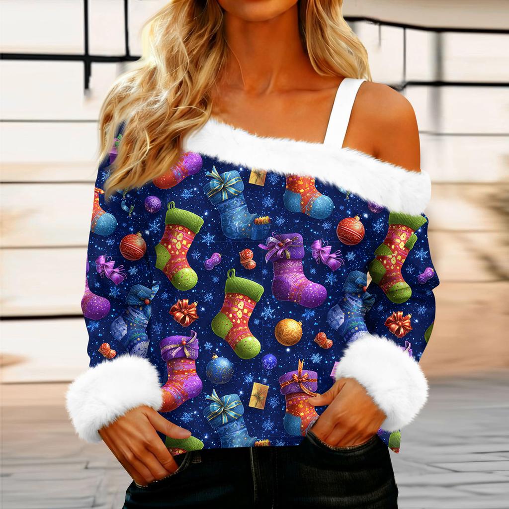 Women's Casual Fashion Sexy Off-Shoulder Collar Christmas Pattern Long Sleeve Crewneck T-Shirt Top