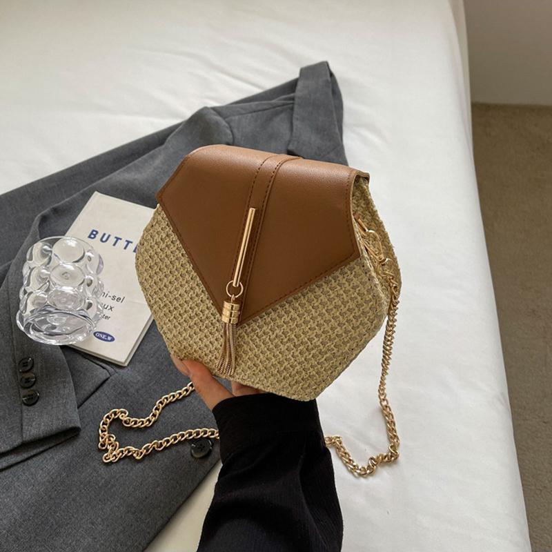 Dámská plážová taška Tote ze slámy a kůže Dámská letní ratanová taška přes rameno Dívčí ručně pletená bohémská crossbody taška