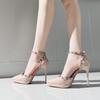 Nude hollow word with sexy waterproof table sandals pointed rivets high heels versatile French waterproof table