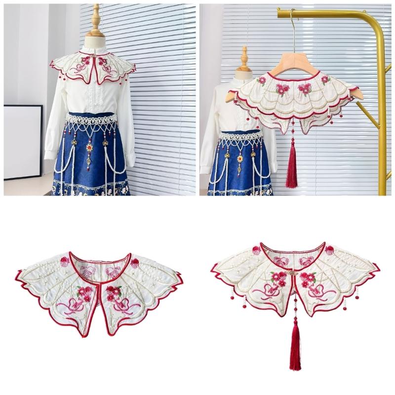 Traditional Chinese Style Pearl Beaded Tassels False Collar Embroidered Rabbit Flower Small Cloud Shoulder Shawl Wrap