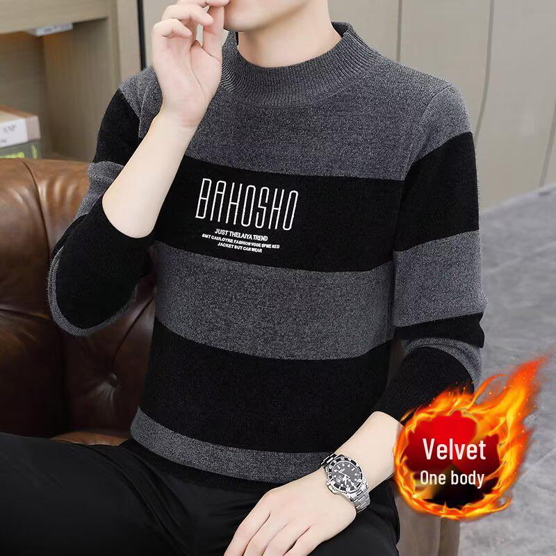 Men s Winter Thick Striped Chenille Velvet Sweater - Warm Plush Knit Base Layer Top L