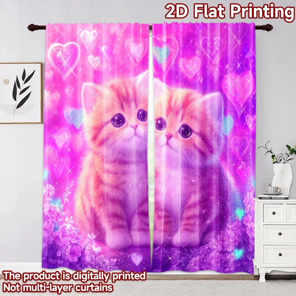 2D flat printing 2pcs Curtain Drapes Valentine Cute Kittens Digital Printed Polyester Drapes Family Party for Festive for