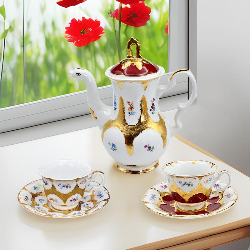 Karosa European Relief Gold Coffee Cup Set - Luxury Gold-Trimmed High-Temperature Bone China Cups & Saucers in Gift Box