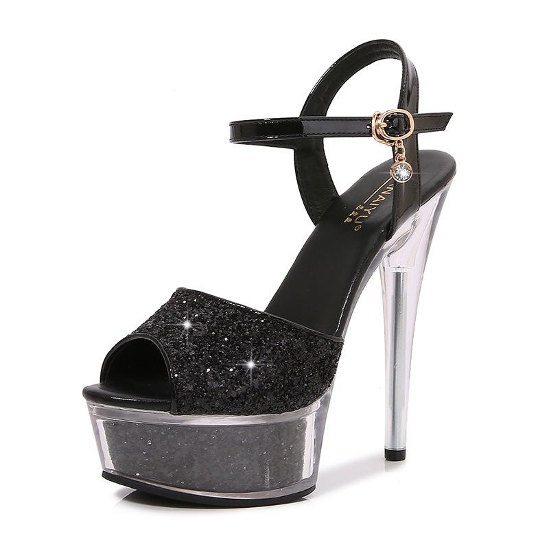 Summer new super high heel waterproof table fish mouth sandals transparent bottom crystal bottom rhinestone buckle sexy