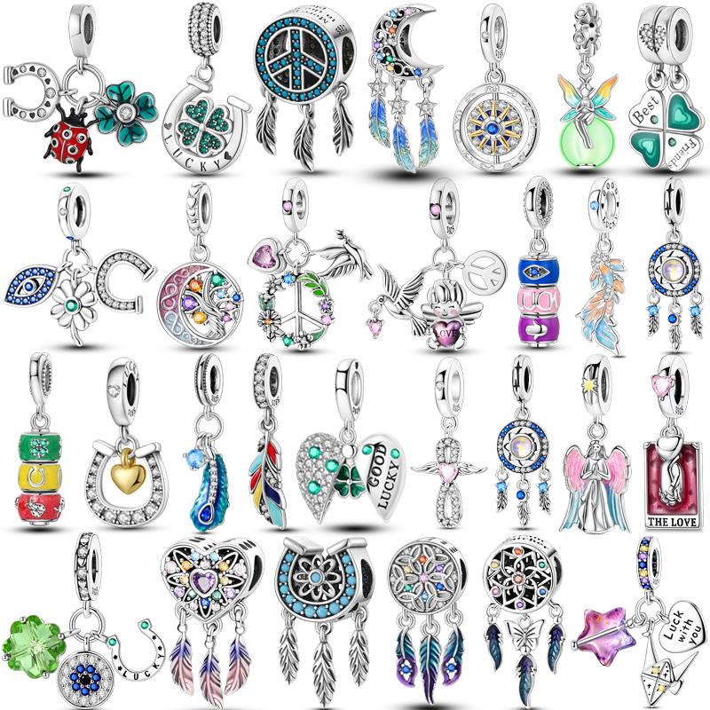 Charms Copper Lucky Horseshoe Clover Dreamcatcher Feather Dangle Beads Fit Bracelet Necklace Women Diy Jewelry