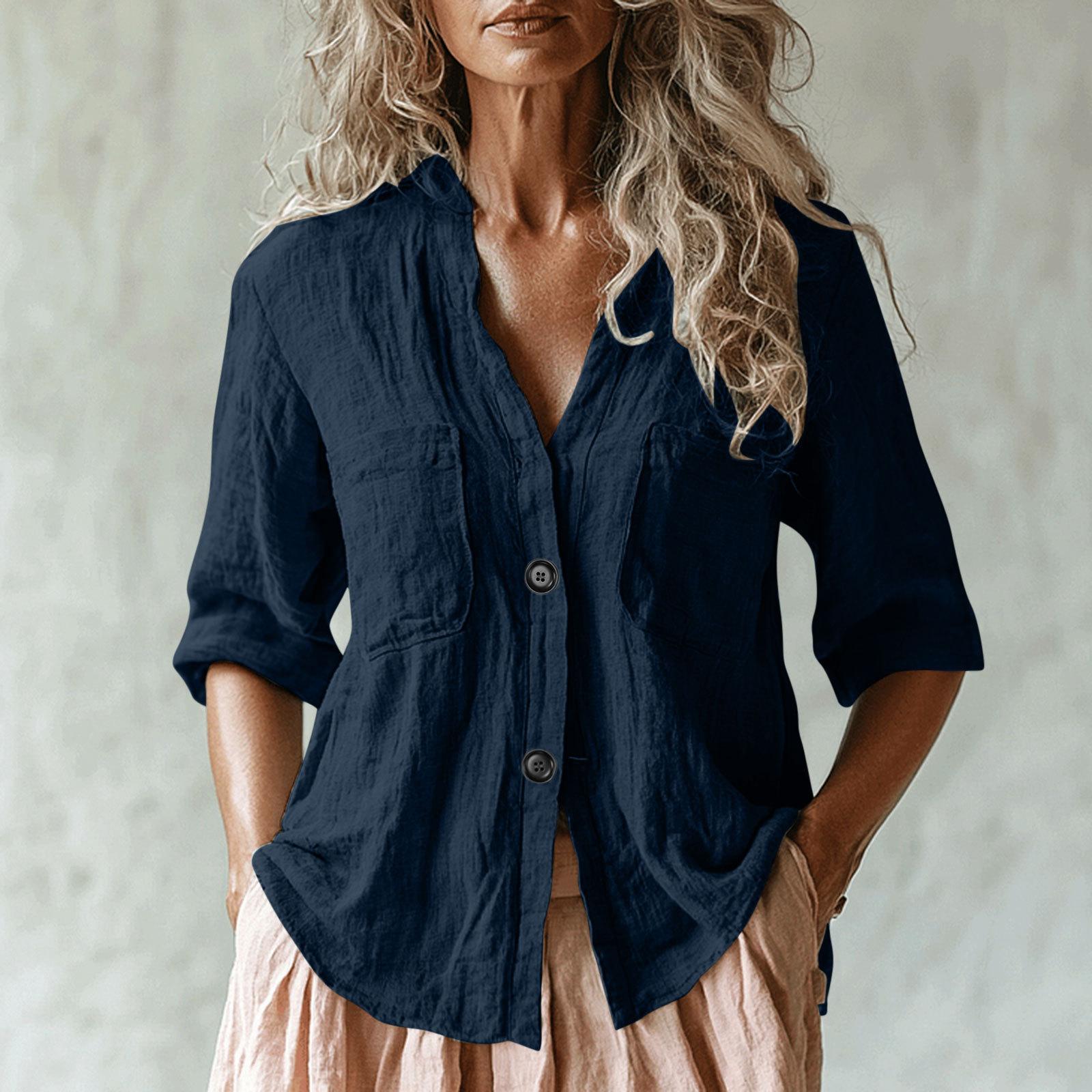 

Весна и Лето Однотонный Топ на Пуговицах с Множеством Карманов Повседневный Свободный Хлопок и Лен Рукава Три Четверти Женские Блузки и Рубашки XXL тёмно-синий