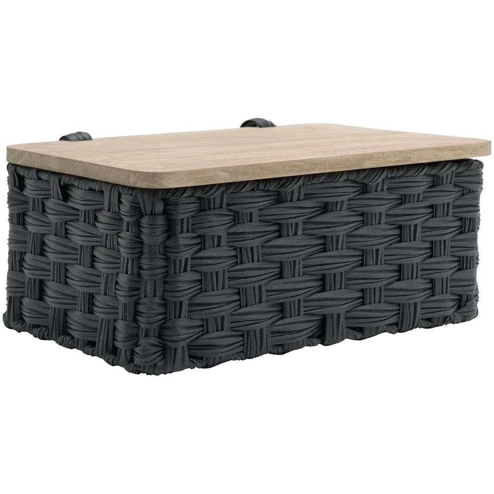 

Black Resin Woven Storage Basket with Natural Wood Lid Compact Easy Access Organizer Home Laundry Office United States