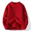 Herren Rot Dicker Zopfmuster Pullover Lässig Langarm Warm Pullover Oberbekleidung