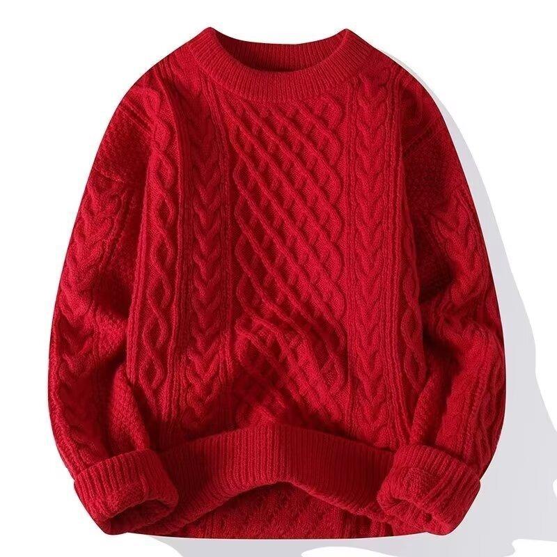 Herren Rot Dicker Zopfmuster Pullover Lässig Langarm Warm Pullover Oberbekleidung