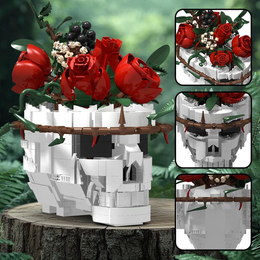 MOC Skull Roses Bouquet BricksSkeleton Flowers Plant Pot Blocks Horror Gothic Home Decor Bricks Toys for Adult DIY Gift