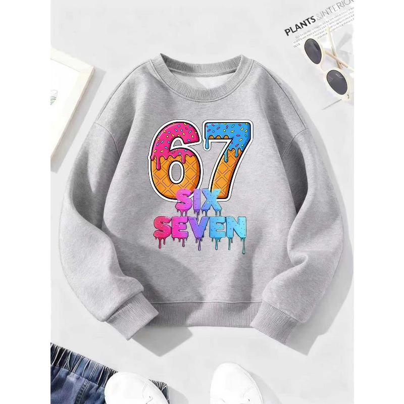 Kids Unisex Crewneck Sweatshirt, Ice Cream Waffle Cone Number 67 Print Pullover, Boys Girls Long Sleeve Birthday Sweatshirt For Kids Over 4 Years Old