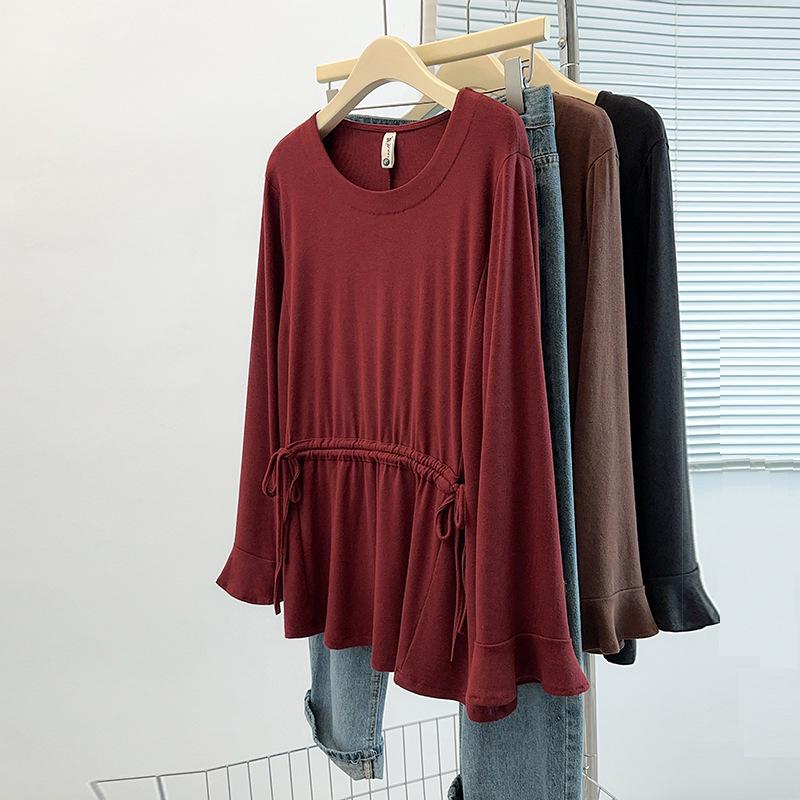 

Базовый пуловер большого размера на осень с круглым вырезом и рубчиком для женщин - Утягивающий и универсальный 5XL (160-180 lb) кофейный