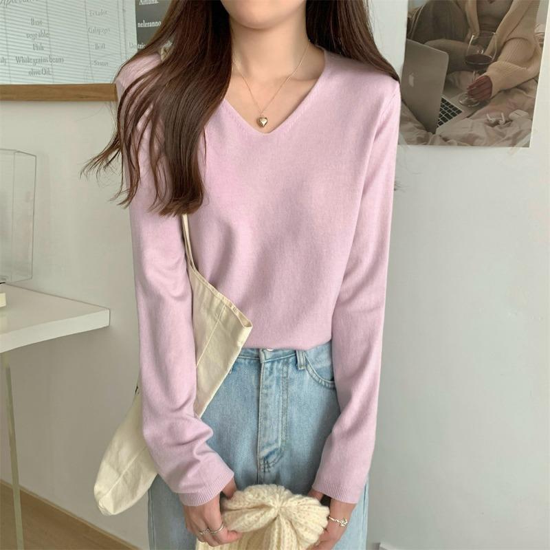 Autumn Winter V-neck Solid Color Simple All-match Bottomed Knitting Top Women Long Sleeve Casual Pullover Sweater