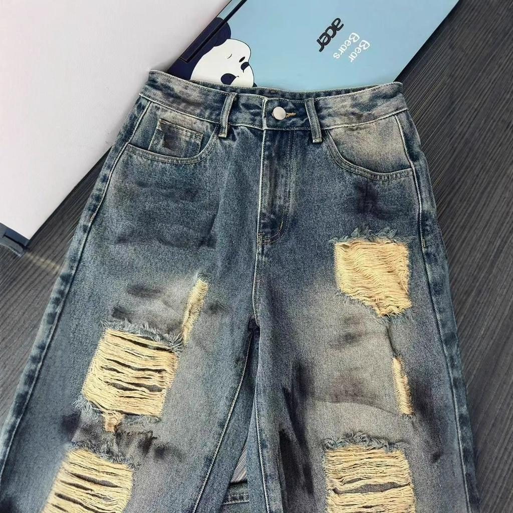 Comfortable Big Yards of Broken Holes Jeans Female Loose Pear-shaped Figure Skinny Straight High Waisted Wide-legged Dragged Trousers Long Denim Pants