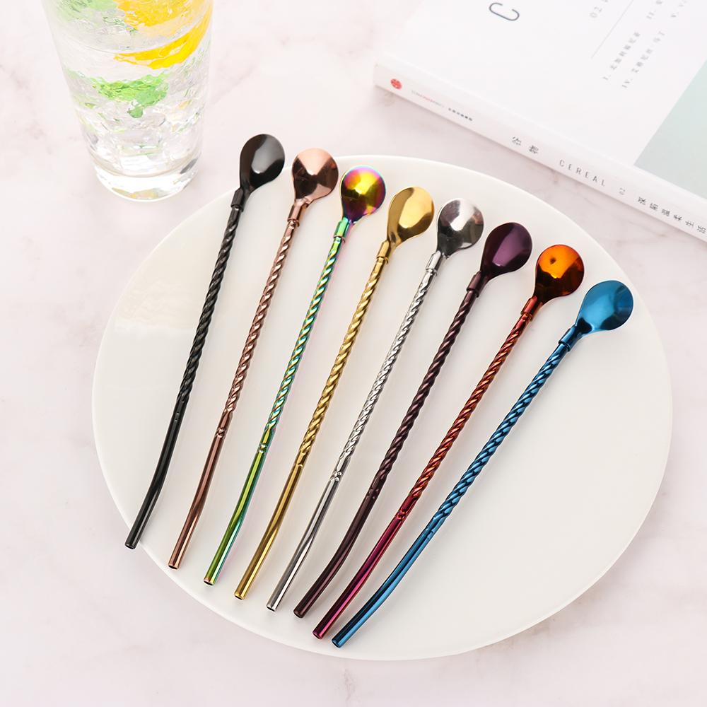 New Bar Tea Reusable Bent Filter Straws Spoon Coffee Spoons Stainless Steel Drinking Straw
