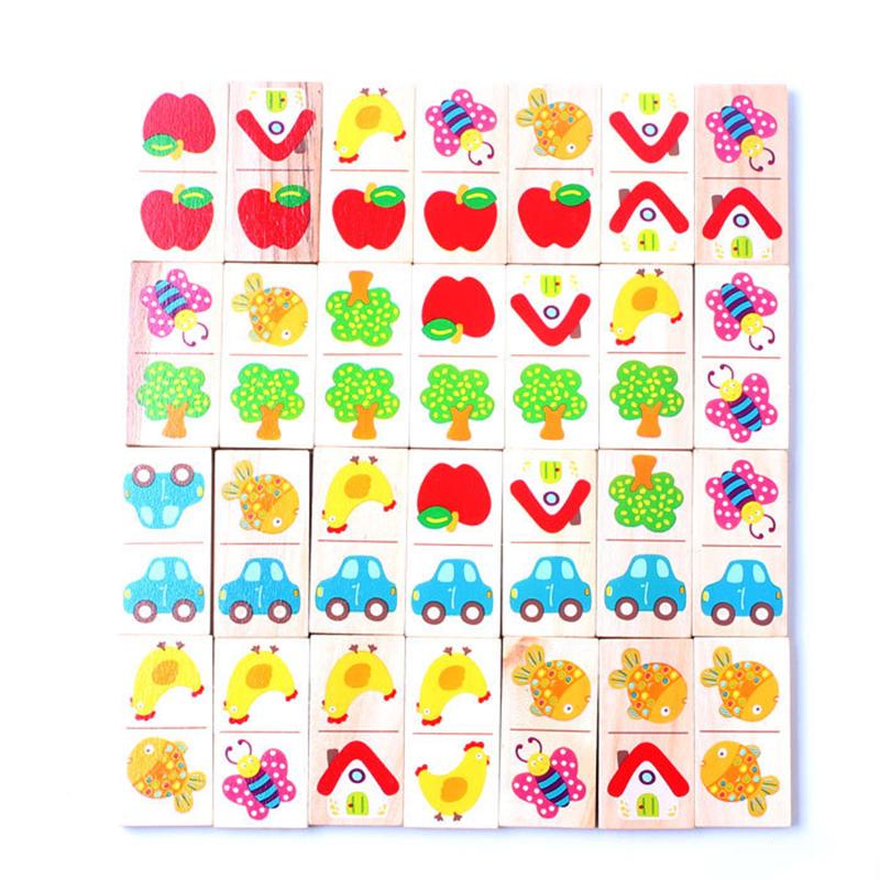 28pcs Wooden Domino Fruit Animal Puzzle Cognitive Building Blocks Stacked Toys Montessori Children Learn Educational Toy Gift