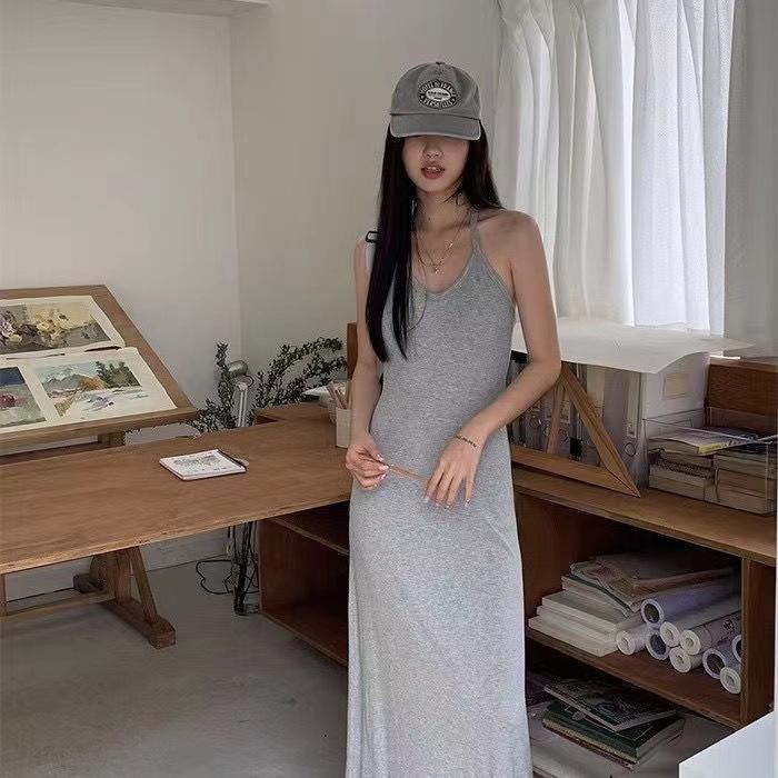 Fashion Casual Neck Dress Women's Summer New Black Design Long Dress Temperament Over the Knee First Love Suspender Skirt