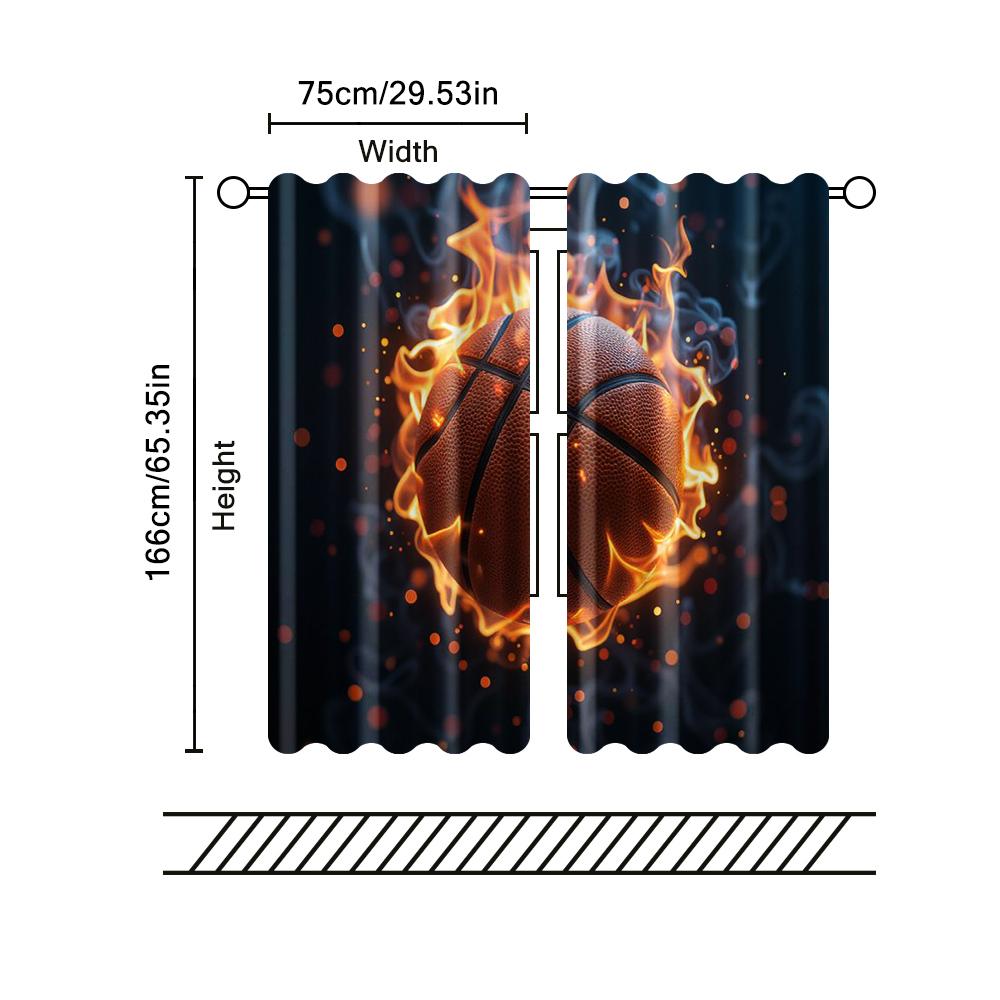 2 Pcs, Filtering Curtains (excluding Rods, Non-movable, Without Batteries) Artistic Basketballbackgroundsuitable for Use In