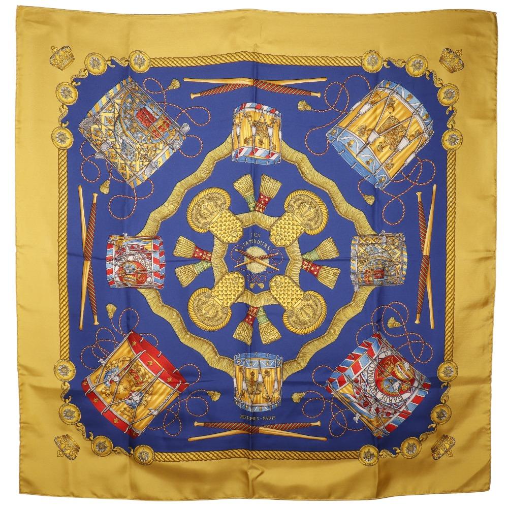 

HERMES Carree90 scarf LES TAMBOURS Tambour drums Blue/yellow silk Women Used