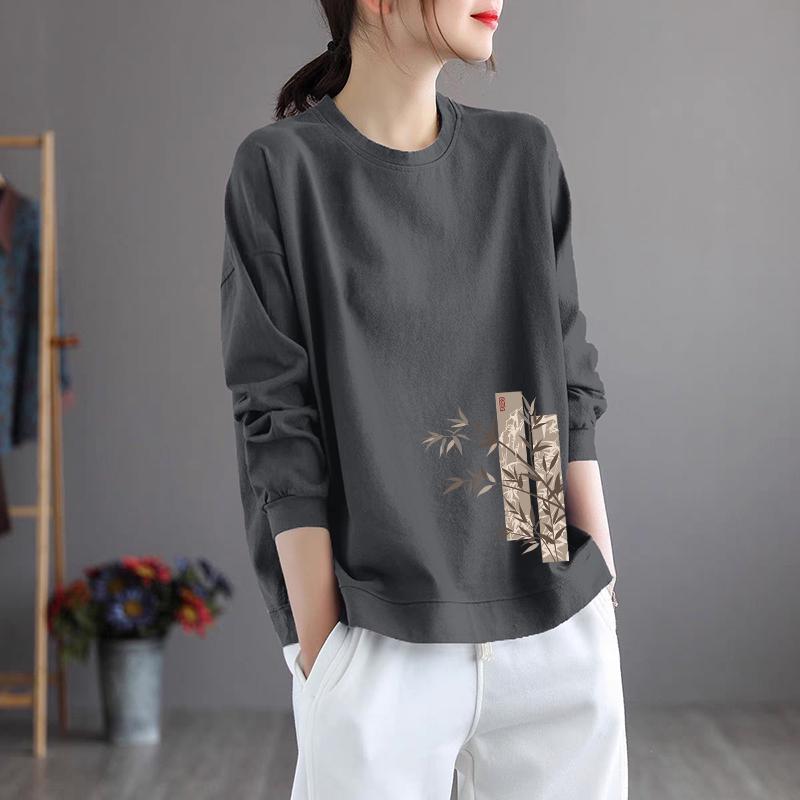 Brand Women's Plus Size Long Sleeve Printed Cotton Top – Round Neck, Casual Style