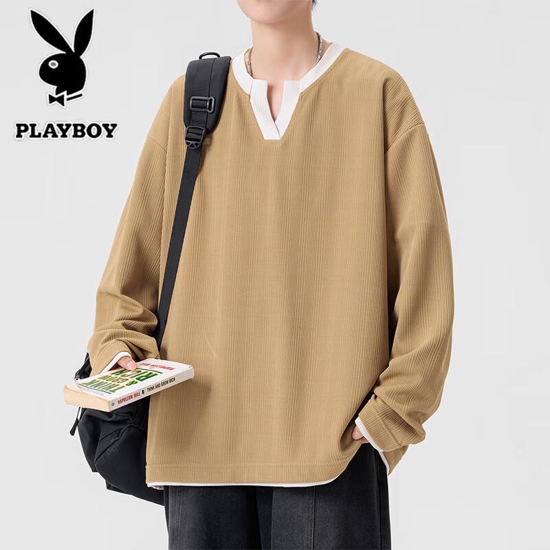PLAYBOY Men's V-Neck Loose Long Sleeve Casual T-Shirt