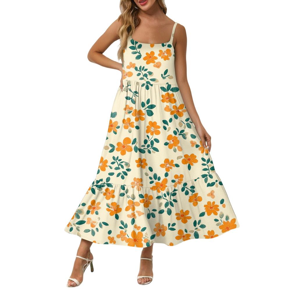 Women's Long Beach Casual Elegant Spaghetti Strap Maxi Dress Stitching Low-key Flowing Bohemian Dress