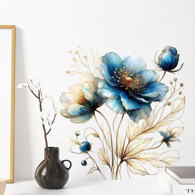 Fiori Blu Foglie Adesivo Murale Botanico Autoadesivo Piante Verdi Decorazione per Cucina Camera da Letto Corridoio Decorazione Murale per la Casa