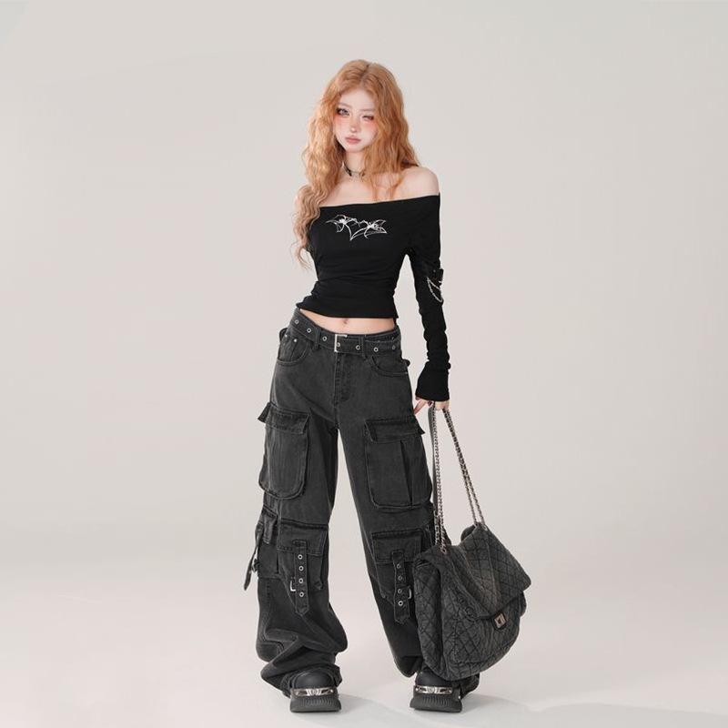 Γυναικεία τζιν Cargo American Street Style φαρδύ Παντελόνι Cargo Γυναικεία Μπλε τζιν με φαρδύ πόδι με πολλές τσέπες για γυναίκες