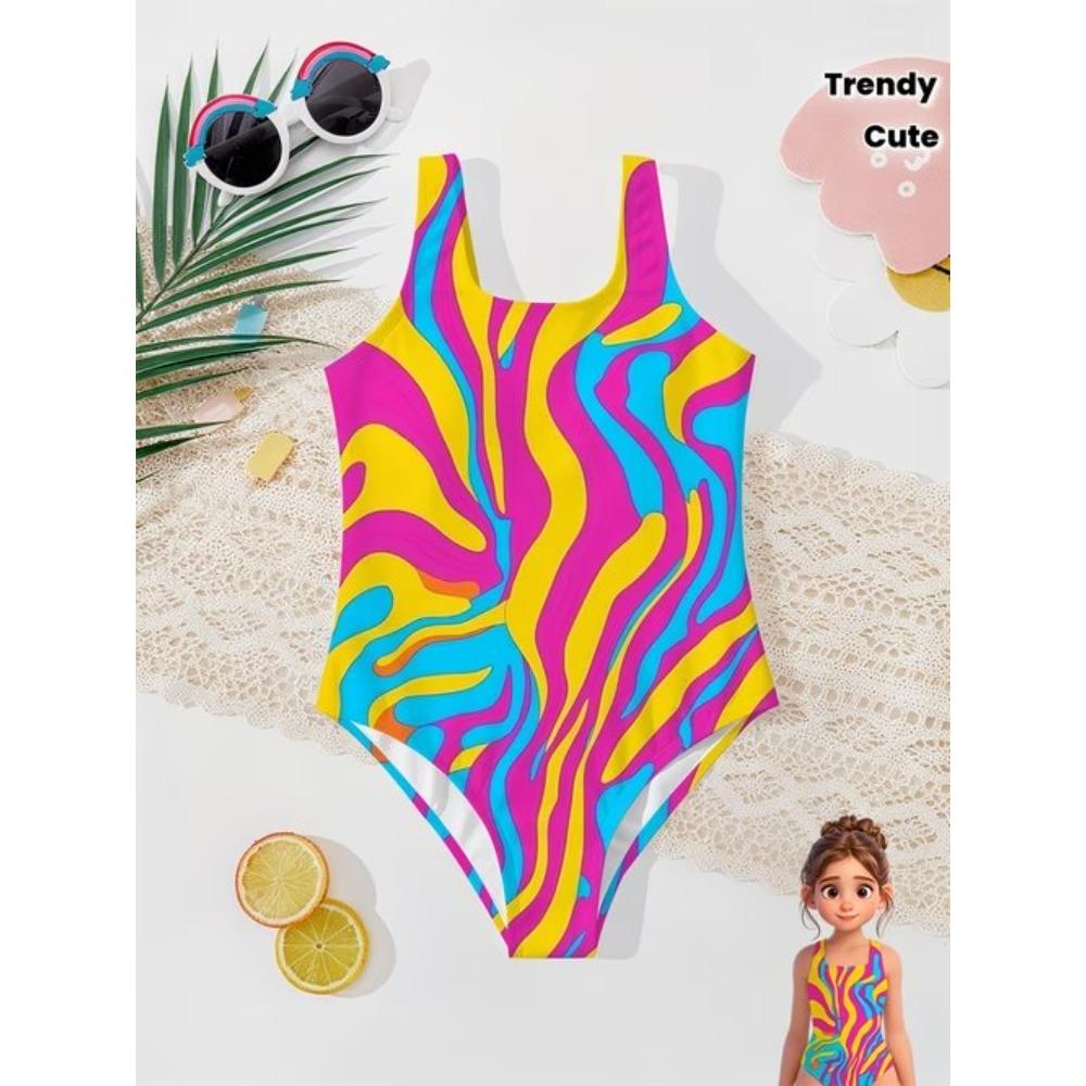 Girls One Piece Swimsuit Cute Cartoon Colorful Flower Print Sleeveless Swimwear Kids Summer Beach Bathing Suit