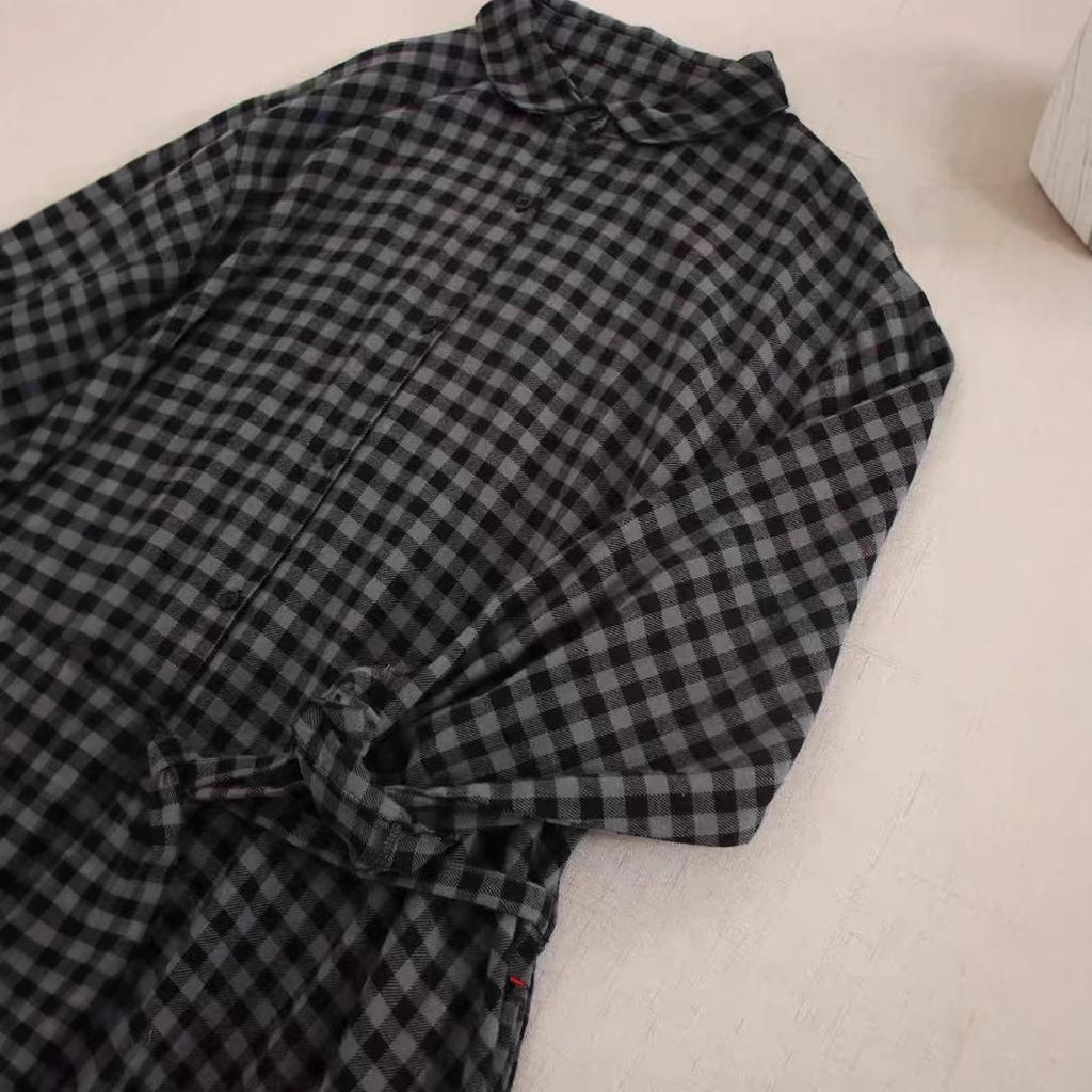 2025 Spring New Plaid Cotton and Linen Long-sleeved Dress Women's Loose and Versatile Lace-up Waist and Thin Shirt Skirt
