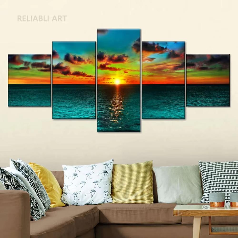 5 Stück Cleopatra Ozean Leinwandbild Wandkunst Oranger Himmel Ozeanstrand Multi Türkei Sandstrand Sonnenaufgang Wanddekoration Ohne Rahmen