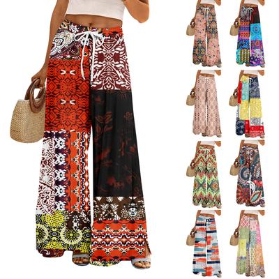 Women Summer Boho Palazzo Pants High Waist Wide Leg Rinting Casual Trousers With Pockets