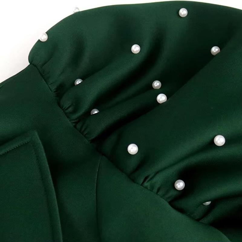 WomenDresses Luxury V Neck Puff Sleeve Beaded Sheath Package Hips Mid Calf High Quality Ladies Birthday Dress Hot