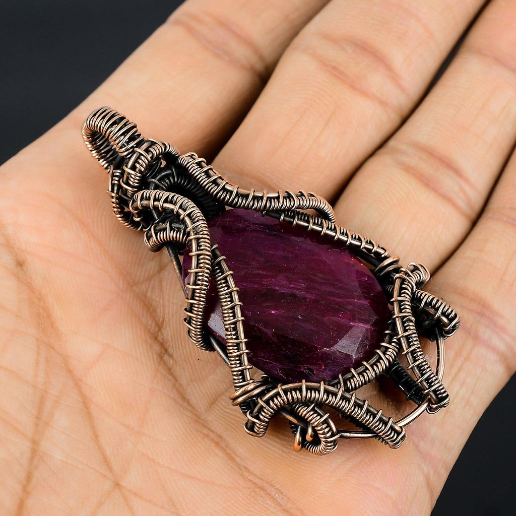 Ruby Pendant Gemstone Jewelry, 999 Copper Wire Wrapped Handmade Pendant, Latest Design Jewelry